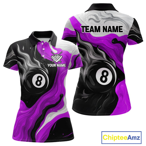 Personalized Black, Purple And White 8 Ball Flame Billiard Shirt For Women Custom Pool Team Jerseys TDM4190