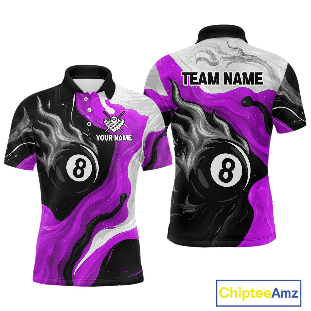 Personalized Black, Purple And White 8 Ball Flame Billiard Shirt For Men Custom Pool Team Jerseys TDM4190