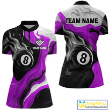 Load image into Gallery viewer, Personalized Black, Purple And White 8 Ball Flame Billiard Shirt For Women Custom Pool Team Jerseys TDM4190