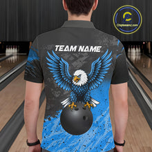 Load image into Gallery viewer, Man wearing personalized black and blue eagle bowling team jersey polo shirt featuring black and blue eagle artwork, back view.