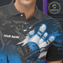 Load image into Gallery viewer, Close-up of the personalized black and blue eagle bowling team jersey polo shirt showing the collar, buttons, premium performance fabric and detailed black and blue eagle graphics.