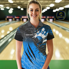 Load image into Gallery viewer, Woman wearing personalized black and blue eagle bowling team jersey polo shirt featuring black and blue eagle artwork, front view.