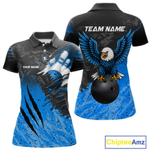 Load image into Gallery viewer, Personalized black and blue eagle bowling team jersey polo shirt for women featuring a powerful eagle design, premium custom bowling league apparel for tournaments, league nights and competitive bowling teams.