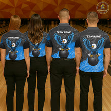 Load image into Gallery viewer, Bowling team wearing matching personalized black and blue eagle bowling team jerseys featuring premium eagle graphics, back view.