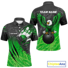 Load image into Gallery viewer, Personalized black and green eagle bowling team jersey polo shirt for men featuring a fierce eagle design, premium custom bowling league apparel for tournaments, league play and competitive bowling teams.
