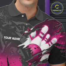 Load image into Gallery viewer, Close-up of the personalized pink and black eagle bowling team jersey polo shirt showing the collar, buttons, premium performance fabric and detailed pink and black eagle graphics.