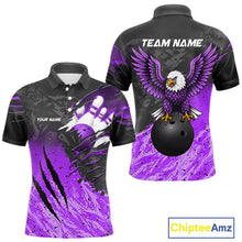 Load image into Gallery viewer, Personalized black and purple eagle bowling team jersey polo shirt for men featuring a majestic eagle design, premium custom bowling league apparel for tournaments, league play and competitive bowling teams.
