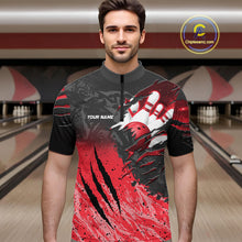 Load image into Gallery viewer, Man wearing personalized black and red eagle bowling team jersey quarter zip shirt featuring black and red eagle artwork, front view.