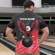 Load image into Gallery viewer, Man wearing personalized black and red eagle bowling team jersey quarter zip shirt featuring black and red eagle artwork, back view.