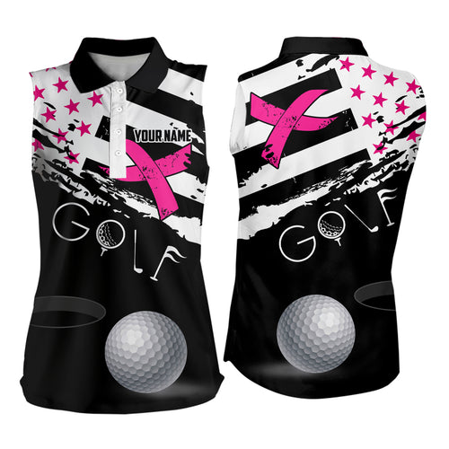 Patriotic Breast Cancer Awareness American Flag Ribbon Custom Women Sleeveless Golf Polo Shirts TDM2494