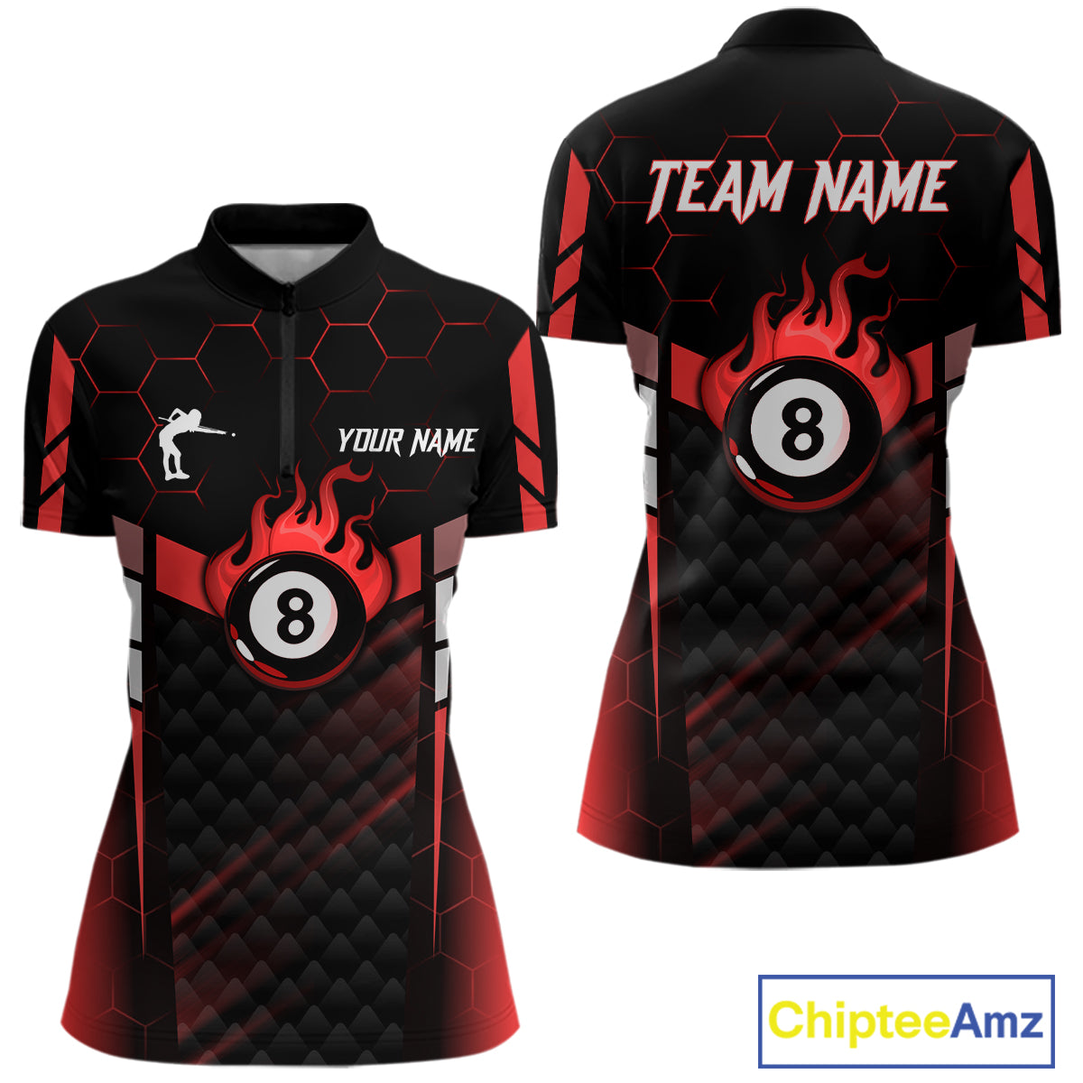 Personalized Red 8 Ball Flame Billiard Polo & Quarter Zip For Women, 8 Ball Pool Team Jersey TDM5732