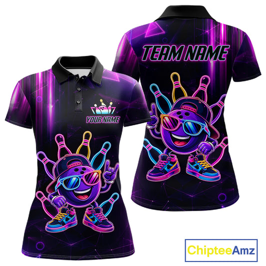 Funny Neon Bowling Ball Polo & Quarter Zip Shirt For Women Custom Bowling Team Shirt, Bowling Jersey TDM6519