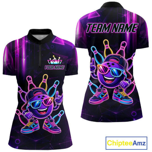 Funny Neon Bowling Ball Polo & Quarter Zip Shirt For Women Custom Bowling Team Shirt, Bowling Jersey TDM6519