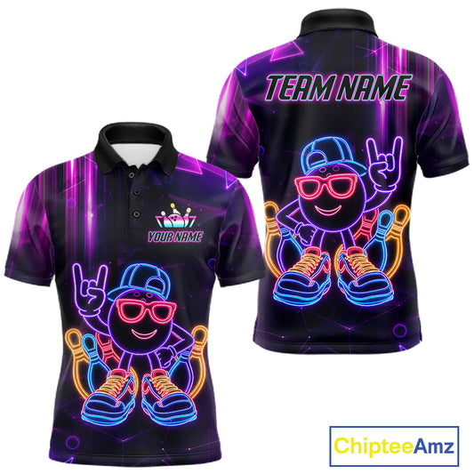Funny Neon Bowling Ball Polo & Quarter Zip Shirt For Men Custom Bowling League Team Jersey TDM6520