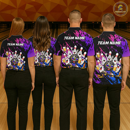 Custom Blue Purple Funny Bowling Pins Beer Bowling Shirts For Women Personalized Bowling Team Jersey TDM7255