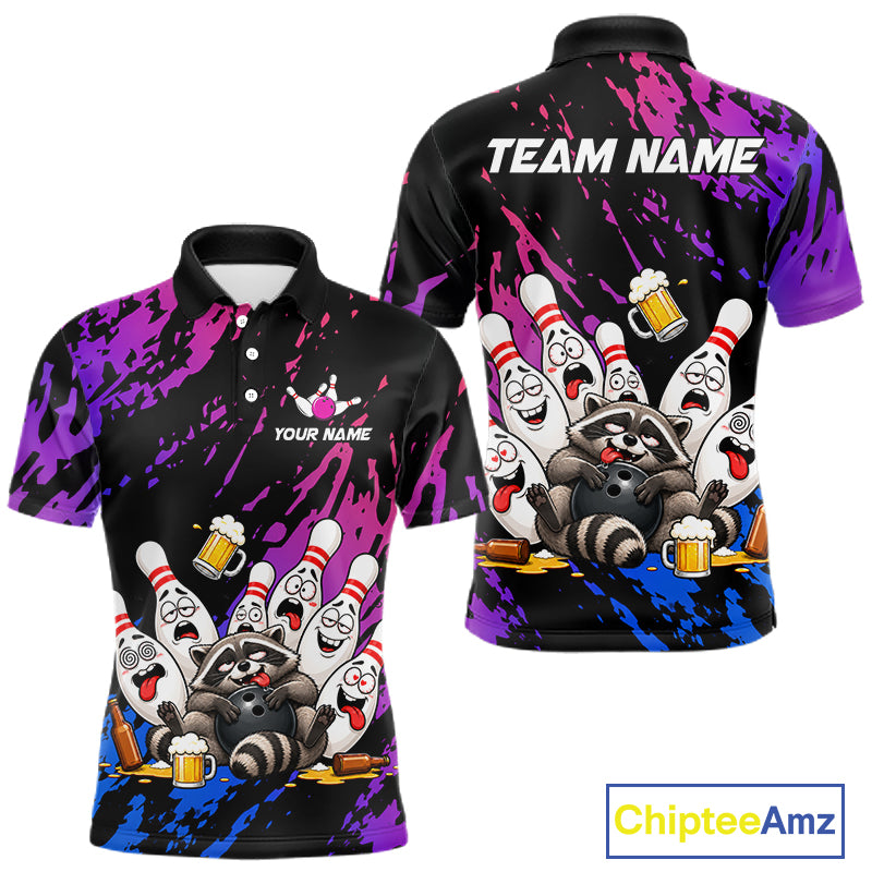 Custom Blue Purple Funny Drunk Raccoon Bowling Shirt For Men Personalized Beer Bowling Team Jersey TDM7258