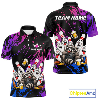 Custom Blue Purple Funny Drunk Raccoon Bowling Shirt For Men Personalized Beer Bowling Team Jersey TDM7258