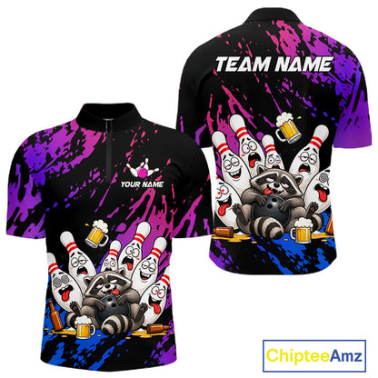 Custom Blue Purple Funny Drunk Raccoon Bowling Shirt For Men Personalized Beer Bowling Team Jersey TDM7258