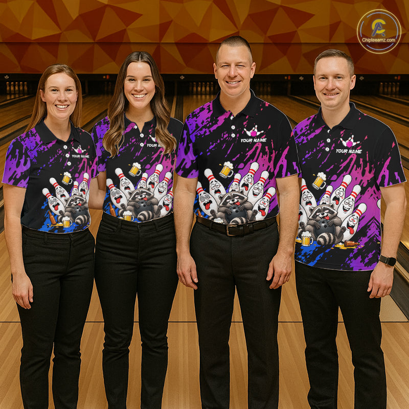 Custom Blue Purple Funny Drunk Raccoon Bowling Shirt For Men Personalized Beer Bowling Team Jersey TDM7258