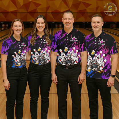 Custom Blue Purple Funny Drunk Raccoon Bowling Shirt For Men Personalized Beer Bowling Team Jersey TDM7258
