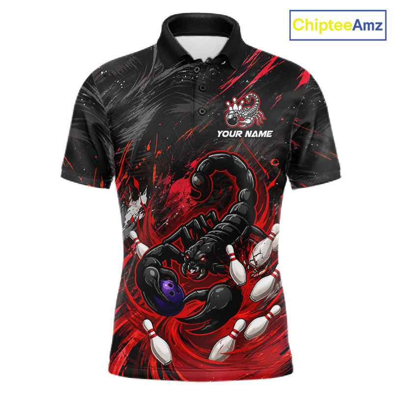 Custom Black And Red Grunge Scorpion Bowling Jersey For Men, Bowling Team Shirts Polo, Quarter Zip TDM7260