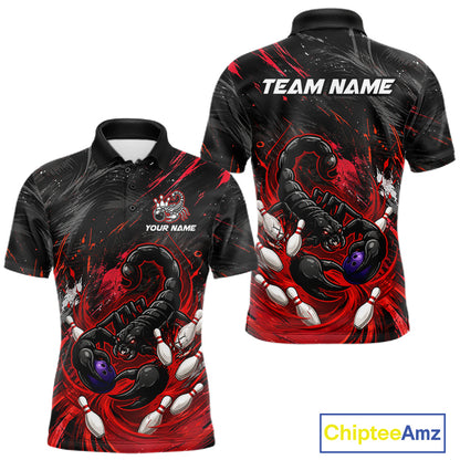 Custom Black And Red Grunge Scorpion Bowling Jersey For Men, Bowling Team Shirts Polo, Quarter Zip TDM7260