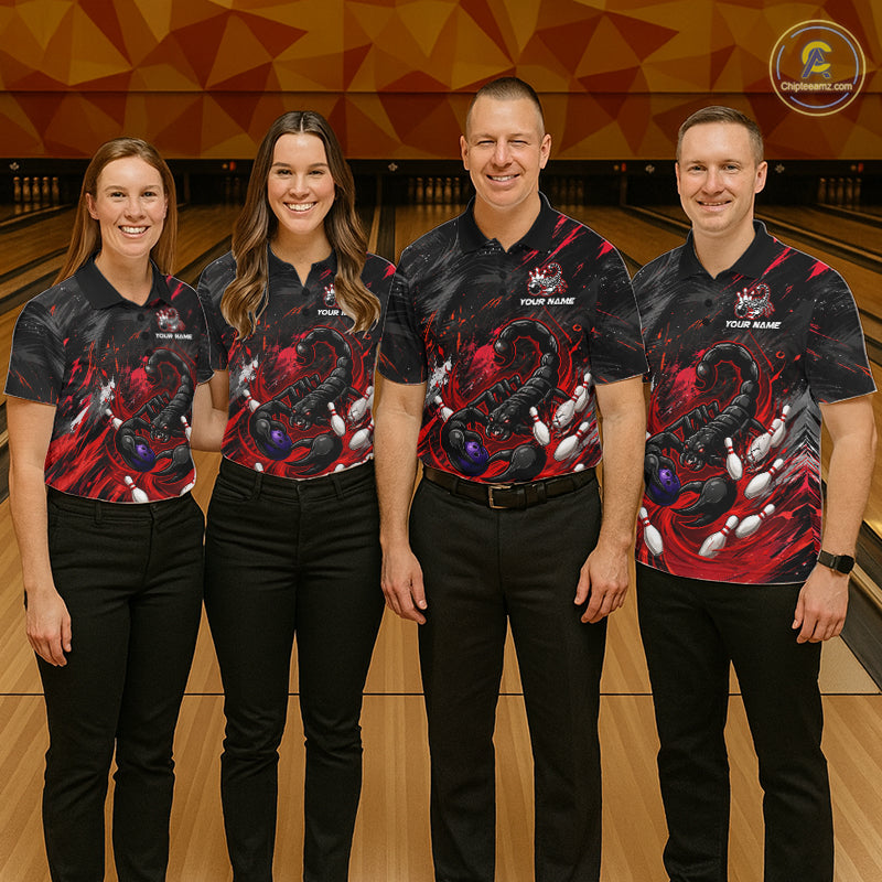 Custom Black And Red Grunge Scorpion Bowling Jersey For Men, Bowling Team Shirts Polo, Quarter Zip TDM7260