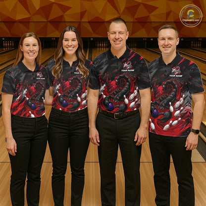Custom Black And Red Grunge Scorpion Bowling Jersey For Men, Bowling Team Shirts Polo, Quarter Zip TDM7260