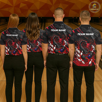 Custom Black And Red Grunge Scorpion Bowling Jersey For Men, Bowling Team Shirts Polo, Quarter Zip TDM7260