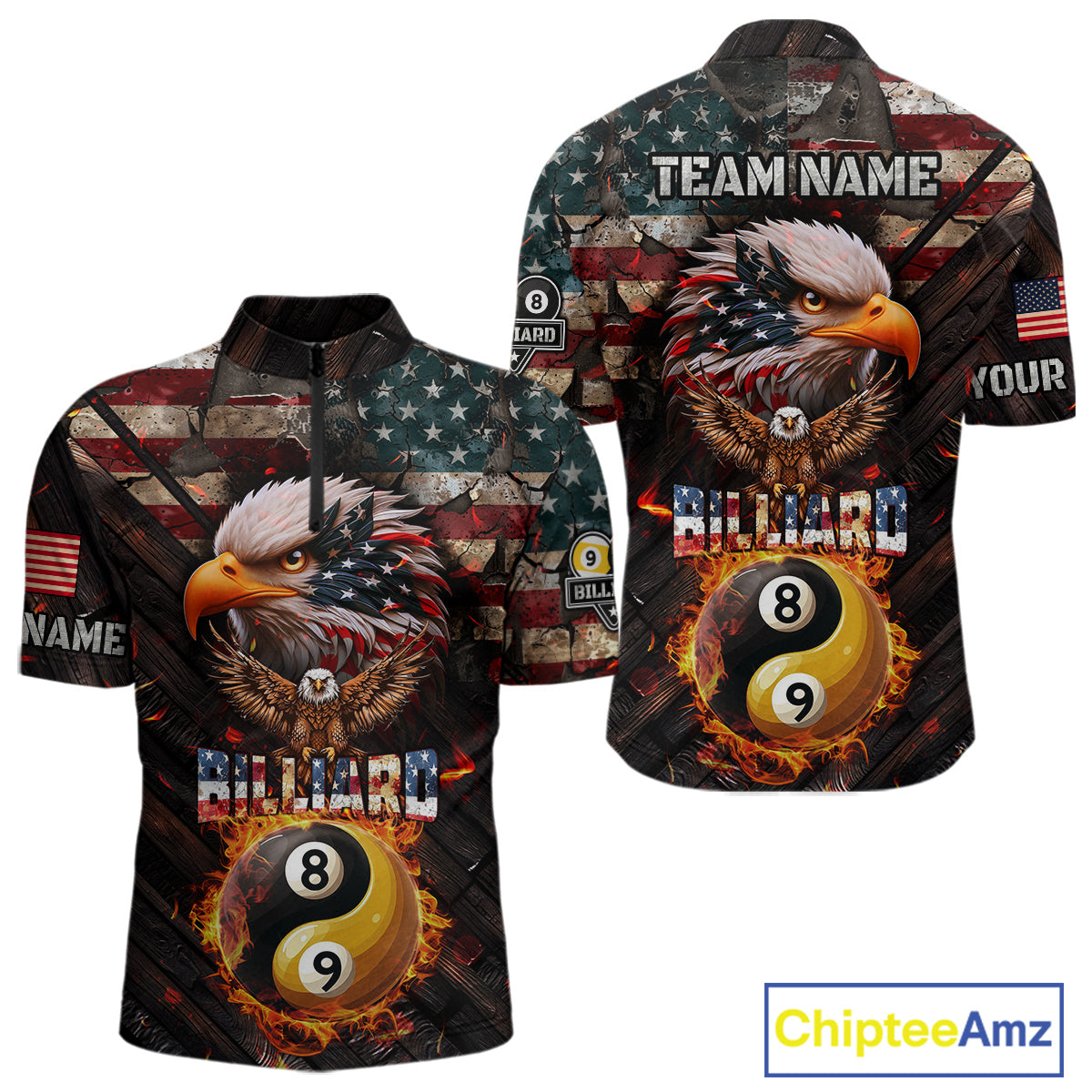 American Flag 8 & 9 Ball Yin-Yang Fire Custom Eagle Billiard Shirt For Men, Pool Team Jersey TDM5933