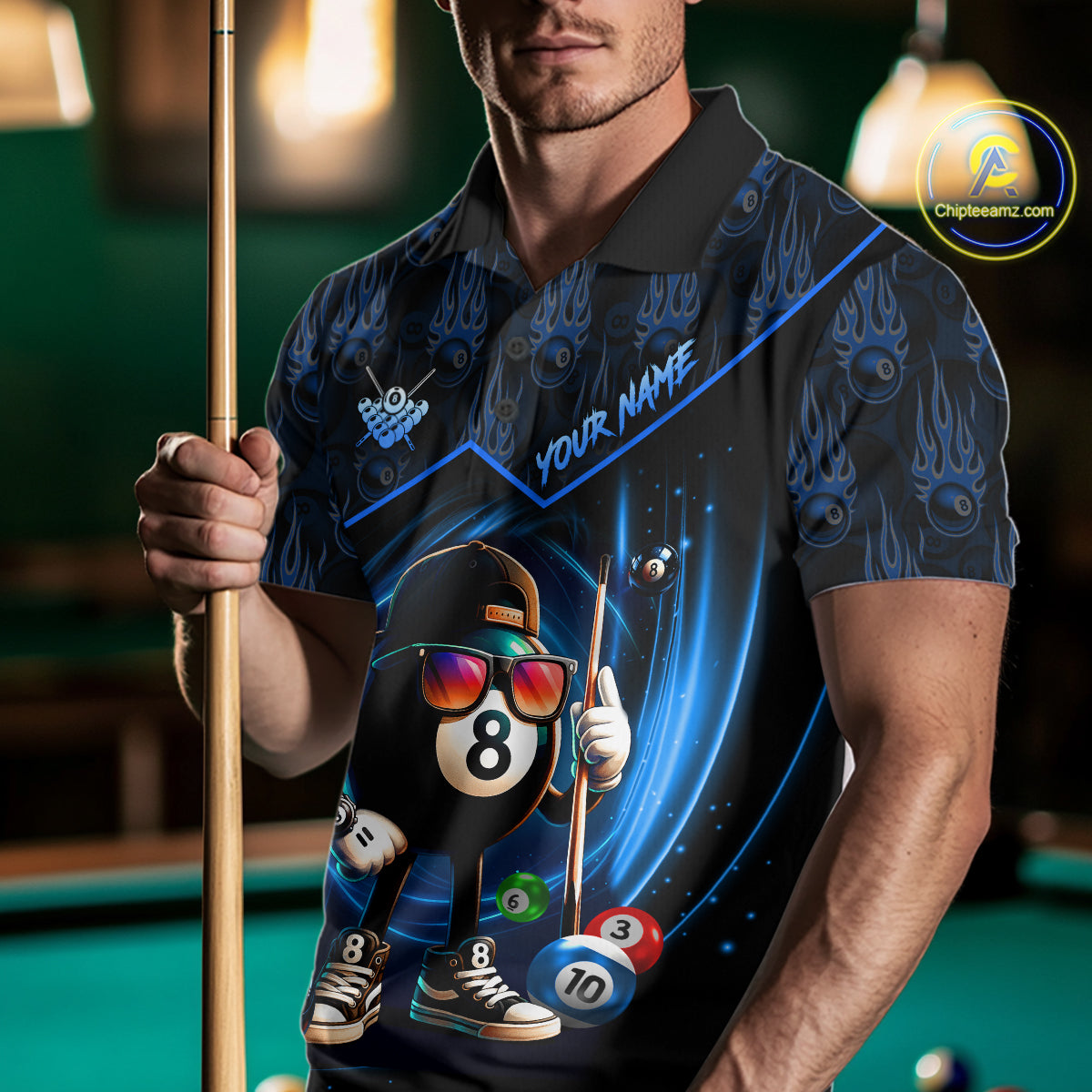 Blue Funny 8 Ball Pool Billiard Shirt For Men Custom Flame Billiard Team Jersey Polo & 1/4 Zip TDM6346