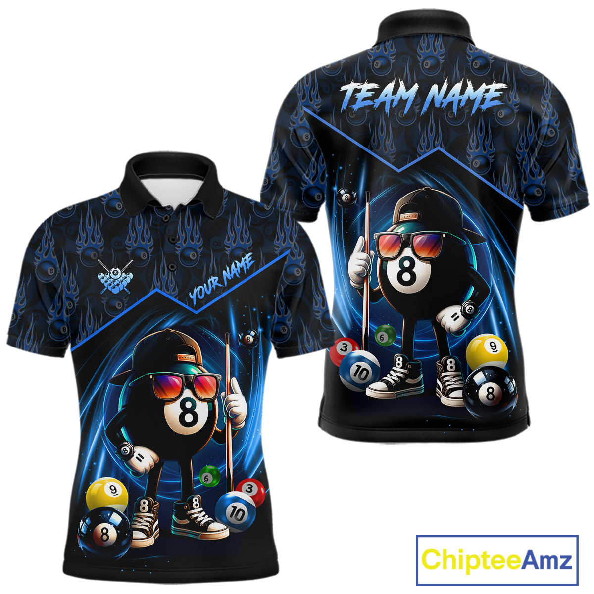 Blue Funny 8 Ball Pool Billiard Shirt For Men Custom Flame Billiard Team Jersey Polo & 1/4 Zip TDM6346