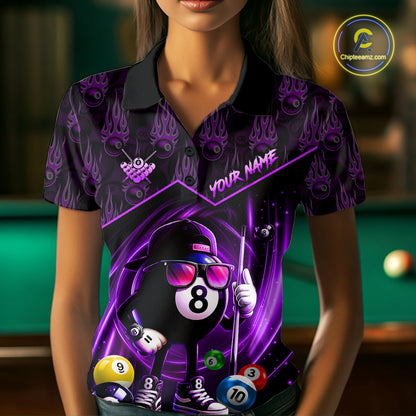 Purple Funny 8 Ball Pool Billiard Shirt For Women Custom Flame Billiard Team Jersey Polo & 1/4 Zip TDM6348