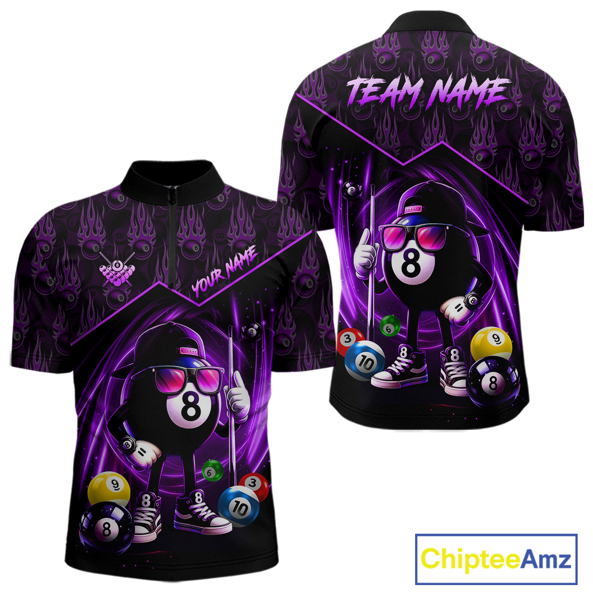 Purple Funny 8 Ball Pool Billiard Shirt For Men Custom Flame Billiard Team Jersey Polo & 1/4 Zip TDM6348
