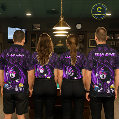 Purple Funny 8 Ball Pool Billiard Shirt For Men Custom Flame Billiard Team Jersey Polo & 1/4 Zip TDM6348