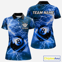 Load image into Gallery viewer, Blue 8 ball thunder lightning billiard polo shirt for women with custom pool team graphics.