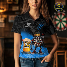 Load image into Gallery viewer, Woman wearing personalized blue funny crown dartboard beer darts team jersey polo shirt featuring crown dartboard beer artwork, front view.