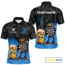 Load image into Gallery viewer, Personalized blue funny crown dartboard beer darts team jersey polo shirt for men featuring a crown dartboard and beer design, premium custom darts league apparel.
