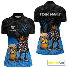 Load image into Gallery viewer, Personalized blue funny crown dartboard beer darts team jersey quarter zip shirt for women featuring funny crown dartboard beer artwork, premium custom darts apparel.