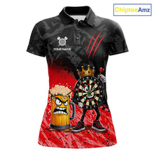 Load image into Gallery viewer, Personalized red funny crown dartboard beer darts team jersey polo shirt for women featuring a crown dartboard and beer design, premium custom darts league apparel.