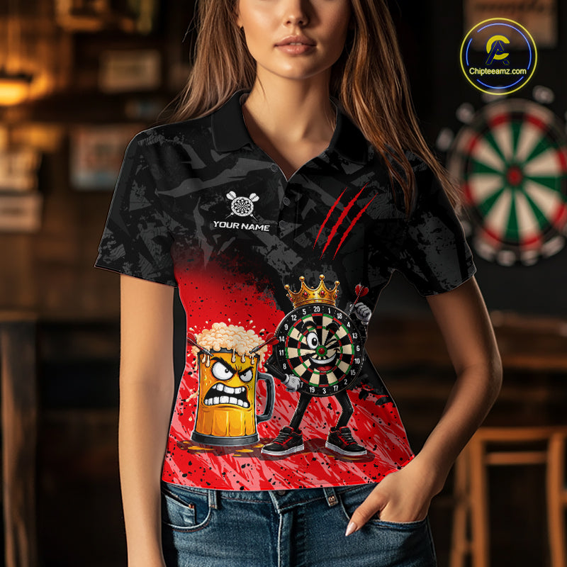 Woman wearing personalized red funny crown dartboard beer darts team jersey polo shirt featuring crown dartboard beer artwork, front view.