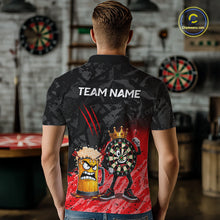 Load image into Gallery viewer, Man wearing personalized red funny crown dartboard beer darts team jersey polo shirt featuring crown dartboard beer artwork, back view.