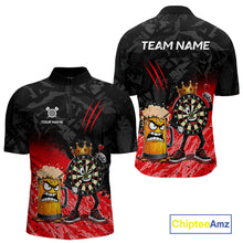 Load image into Gallery viewer, Personalized red funny crown dartboard beer darts team jersey quarter zip shirt for men featuring funny crown dartboard beer artwork, premium custom darts apparel.