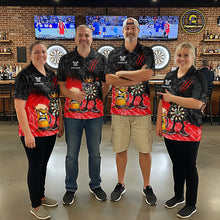 Load image into Gallery viewer, Man wearing personalized red funny crown dartboard beer darts team jersey quarter zip shirt featuring crown dartboard beer artwork, front view.