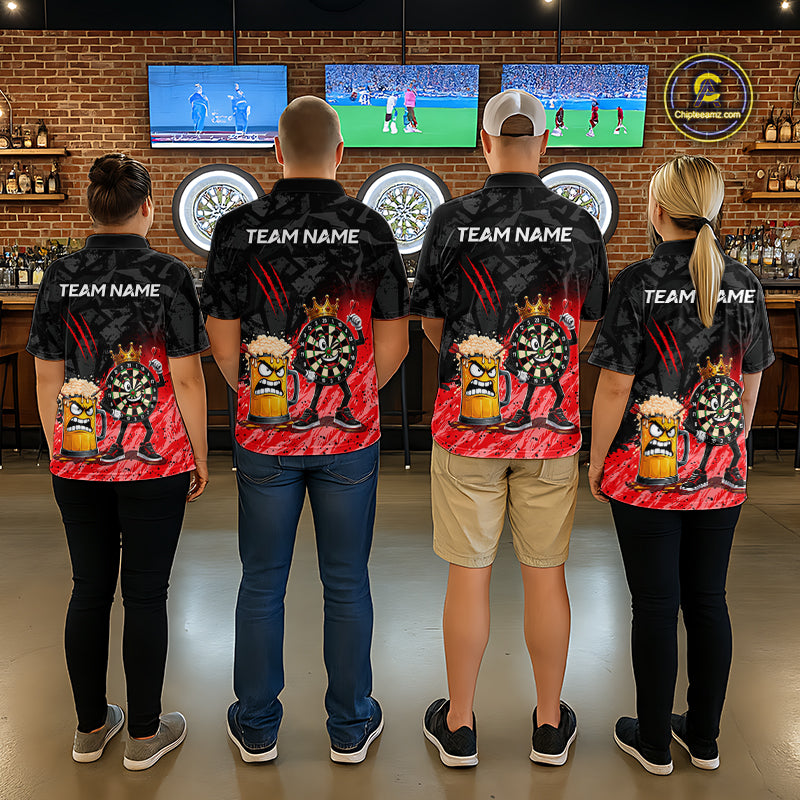 Darts team wearing matching personalized red funny crown dartboard beer darts team jerseys, front view.
