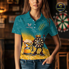 Load image into Gallery viewer, Woman wearing personalized teal and yellow funny crown dartboard beer darts team jersey polo shirt featuring crown dartboard beer artwork, front view.