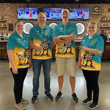 Load image into Gallery viewer, Man wearing personalized teal and yellow funny crown dartboard beer darts team jersey quarter zip shirt featuring crown dartboard beer artwork, front view.
