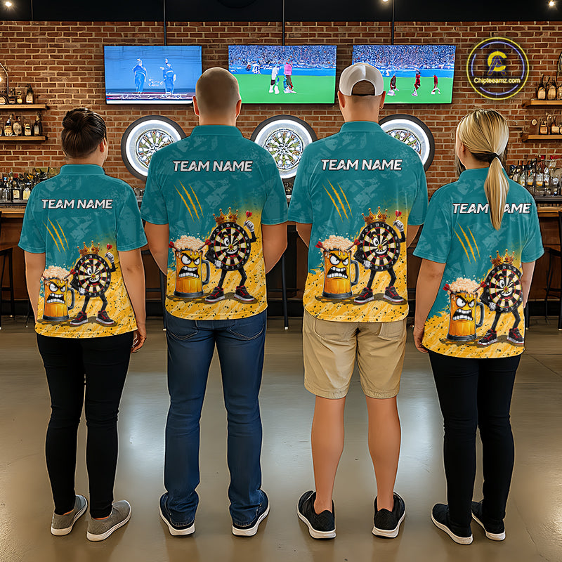 Darts team wearing matching personalized teal and yellow funny crown dartboard beer darts team jerseys, front view.