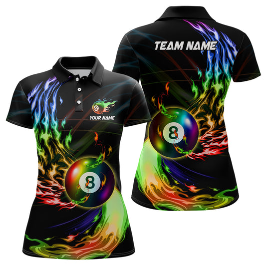 Personalized 8 Ball Pool Rainbow Fire Flame Billiard Shirts For Women, Colorful Billiard Jerseys TDM3240