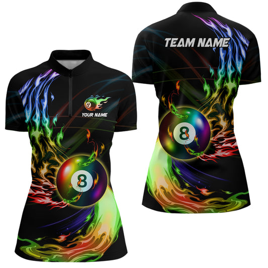 Personalized 8 Ball Pool Rainbow Fire Flame Billiard Shirts For Women, Colorful Billiard Jerseys TDM3240